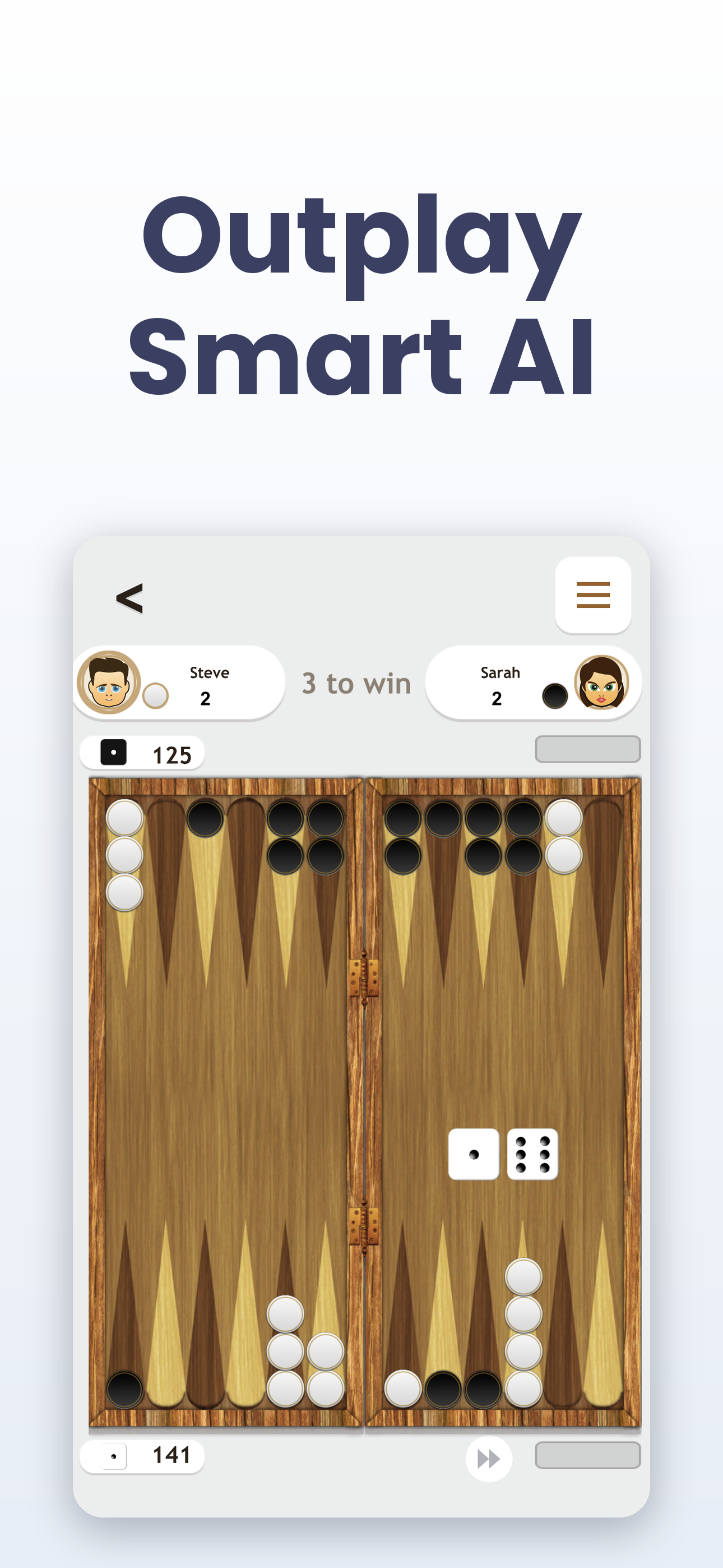 Backgammon Game Classic — Outplay Smart AI, showing gameplay against the AI opponent with score and pip count